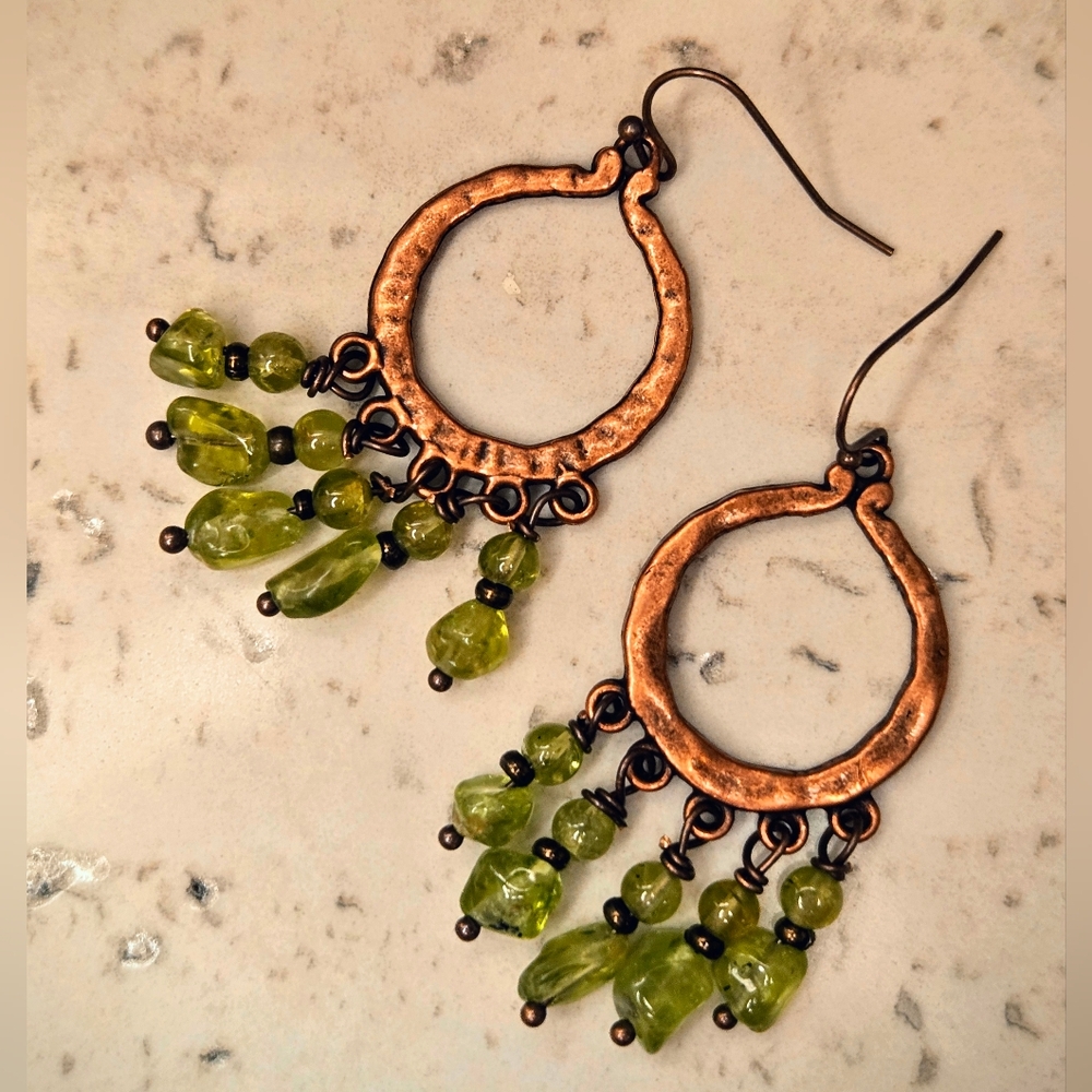 Apache Inspired San Carlos Peridot In Hammered Antiquated Copper Earrings